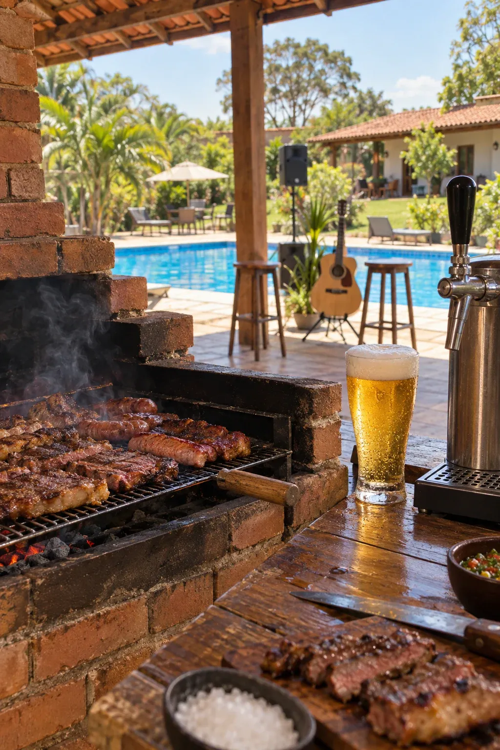 Churrasco e chope em espaço rústico de eventos com piscina e música